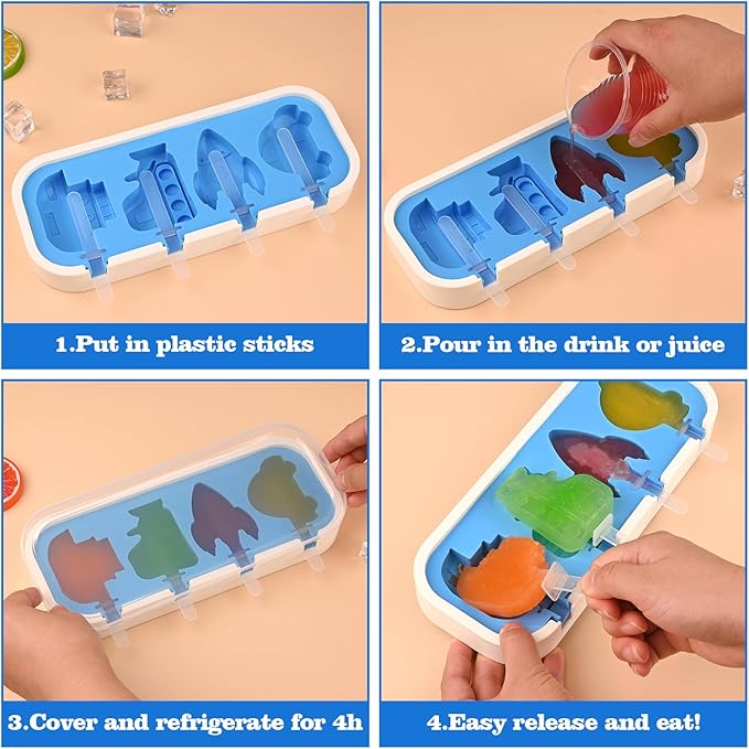 WMKGG Mini Cartoon Silicone Popsicle Molds for Kids, 2 PCS Popsicles Molds with Sticks and Lids, Stackable Small Ice Pop Mold,Rocket Dinosaur Car Ship Shape