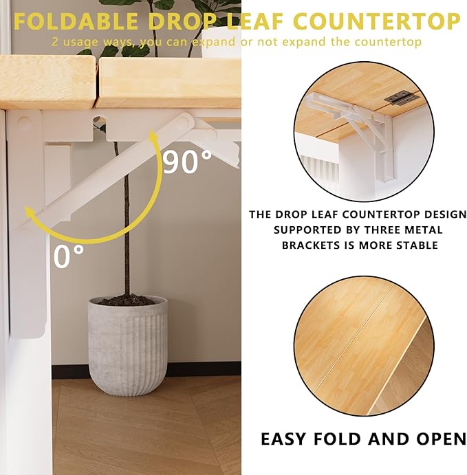 60'' Rolling Kitchen Island with Drop Leaf, Storage Islands Cart with Tilt Out Trash Can Cabinet, Rubber Wood Tabletop, Knife Holder, Wheels, White