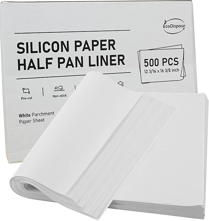 EcoDispose Non-Stick Precut Parchment Paper Baking Sheets Full Pan liner for Bake (12-3/16" x 16-3/8",White,500PCS)