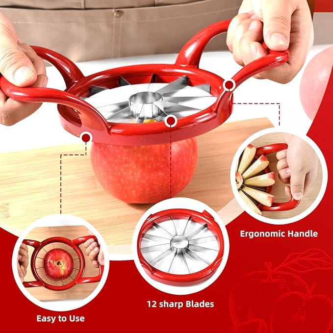 LIIGEMI 5.5 Inch Extra Large Apple Slicer,12-Slice Thin Apple Slicer and Corer,Cutter, Divider, Wedger for Fruits and Vegetables，Gifts for Mom，Sharp and Sturdy，Easy to Use（Red）