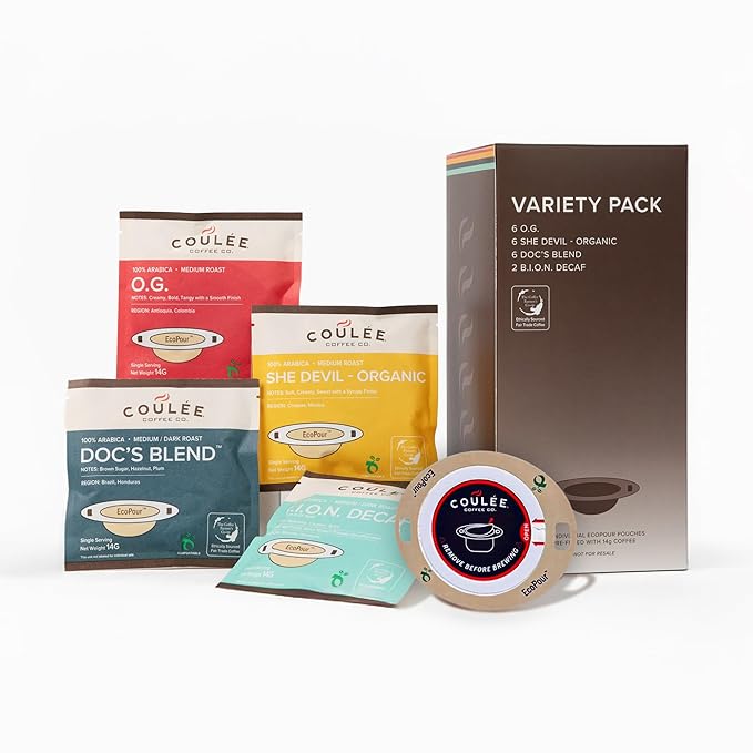 Coulée EcoPour Coffee Variety Pack, Single Serve Coffee, Use for Camping or Traveling, Pre Filled Compostable Filters, Ready to Brew with Hot Water, Includes 4 Flavors, 20 Pack