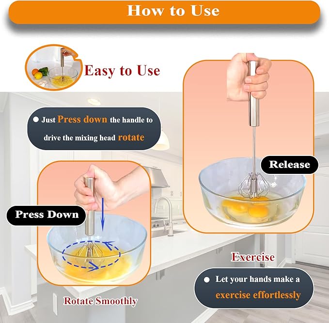 Stainless Steel Semi Automatic Whisk Egg Beater Whizzy Whisk, Hand Push Blender Kitchen Mixer Wisking Tool for Blending Cooking Gadgets(10in)
