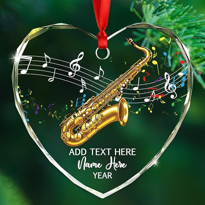 Personalized Text Year Name Saxophone Lover Glass Christmas Ornament 2025, Customized Saxophone Instrument Xmas Ornaments Gift for Brother Sister Dad Mom, Best Saxophonist Appreciation Glass Ornament
