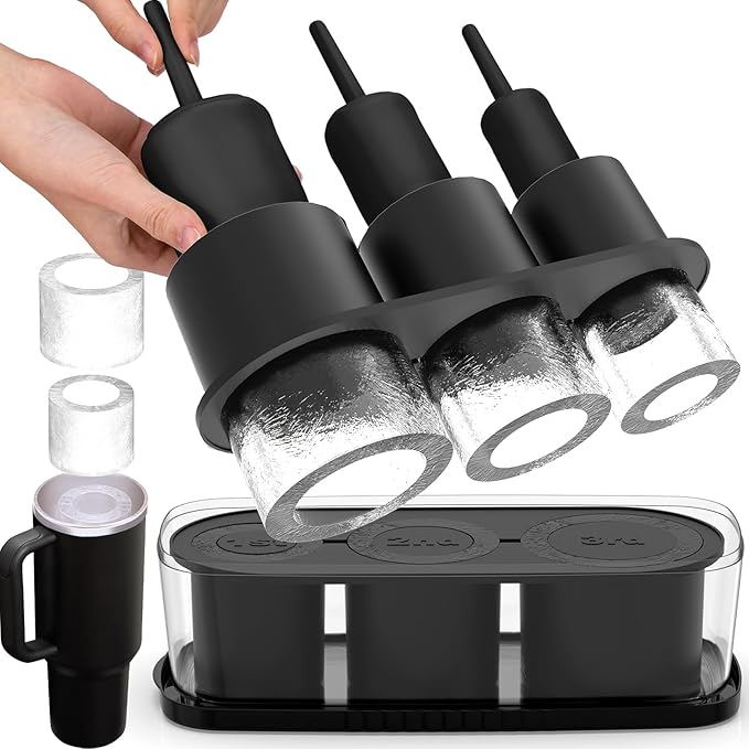 Ice Cube Tray for Tumbler Cup 30Oz-40Oz, 3 Pcs Silicone Cylinder Ice Mold with Lid and Bin for Freezer, Easy Fill and Release Ice Maker for Whiskey, Cocktail BPA-Free (Black, 40Oz)