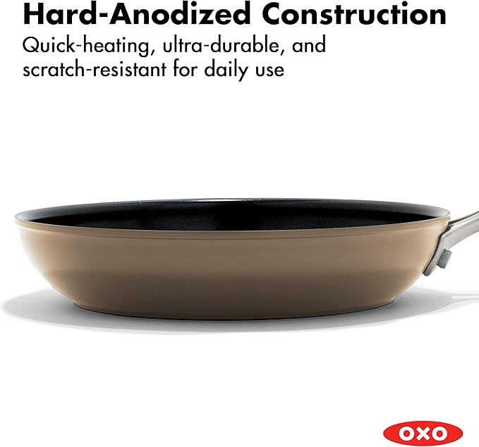 OXO Enhanced 10” Nonstick Frying Pan Skillet, Ceramic PFAS-Free Cookware, Stainless Steel Handle, Eggs & Omelets, Dishwasher & Oven Safe, Biscuit Brown
