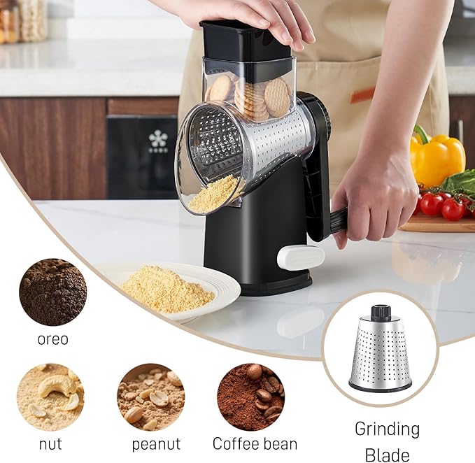 Rotary Cheese Graters with 4 Blades, Hand Crank Cheese Grater with Waffle Slicer, Red, Black and White Cheese Shredder with Suction Base, Easier for Shredding & Grating (Black, 4 Graters)