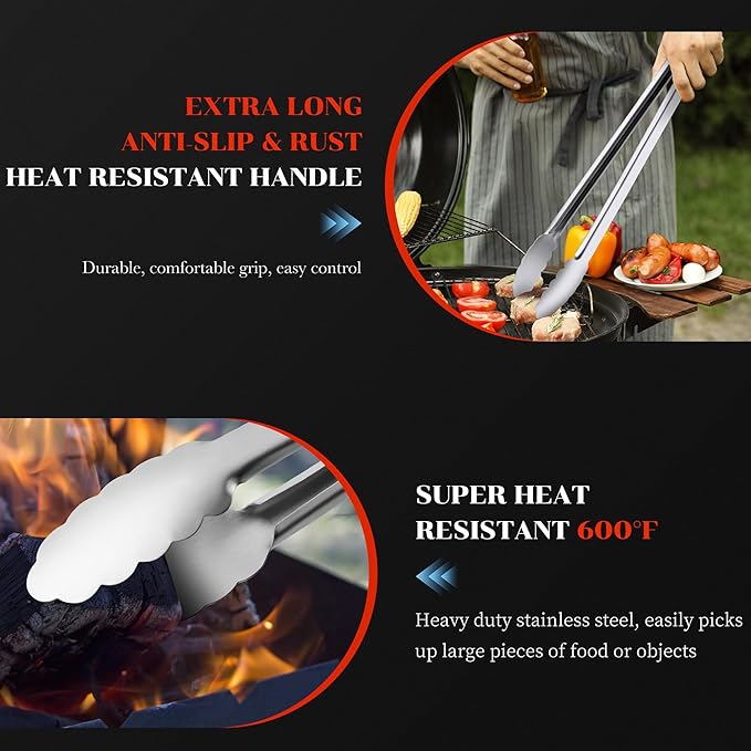 Grill Tongs - 12 Inch & 17 Inch Extra Long BBQ Tongs, Heat Resistant Stainless Steel Kitchen Tong, Heavy Duty Metal Locking Tong for Cooking, Grilling, BBQ/Barbecue, Food (12+17 inch)