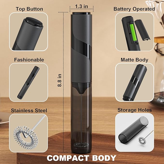 Handheld Milk Frother with Cover, Battery Operated Drink Mixer Handheld Easy to Carry Electric Frother Wand For Coffee, Latte, Cappuccino, Frappe Drink, Hot Chocolate, Black