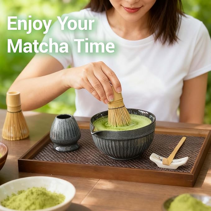 Matcha Whisk Set, Ceramic Matcha Bowl with Spout, Bamboo Whisk, Scoop, Ceramic Holders, Stainless Sifter, Towel, Perfect 7pcs Matcha Starter Kit for Tea Ceremony, Japanese Tea Making Tools (Grey)