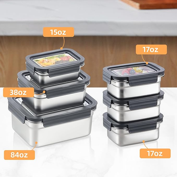 BEFOY Stainless Steel Food Storage Containers with Lids Airtight Bento Lunch Box for Kitchen Leak Proof Meal Prep Stackable Set of 3(450/1100/2500)