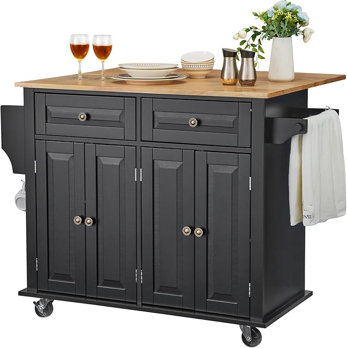 VEVOR Kitchen Island Cart, 35" Wood Top Mobile Carts with Storage Cabinet, Rolling Table with Drop Leaf, Spice Rack, Towel Bar, Adjustable Shelf, Drawer, and Hooks, Portable Islands on Wheels, Black