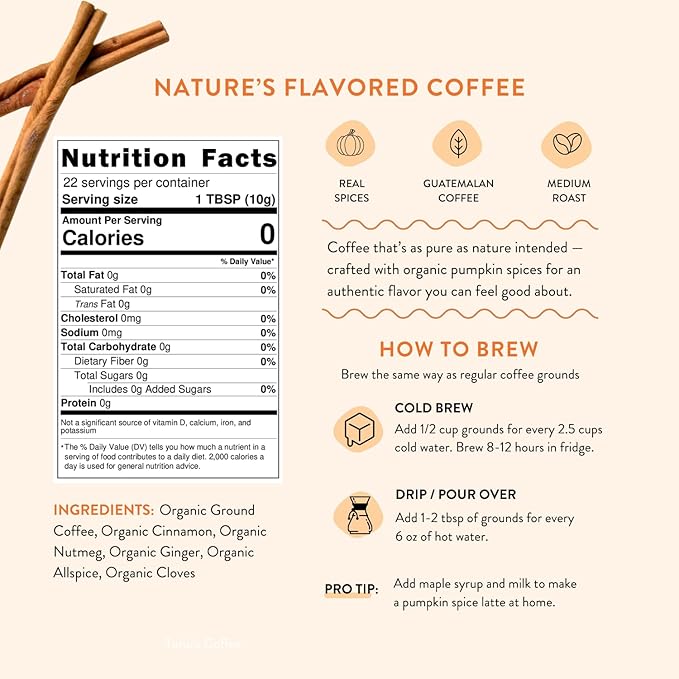 Organic Pumpkin Spice Ground Coffee | Real Pumpkin Spices | Medium Roast, Flavored Coffee | Smooth Low-Acid | Perfect for Drip, Pour Over or Cold Brew | 8 oz, 22 Servings