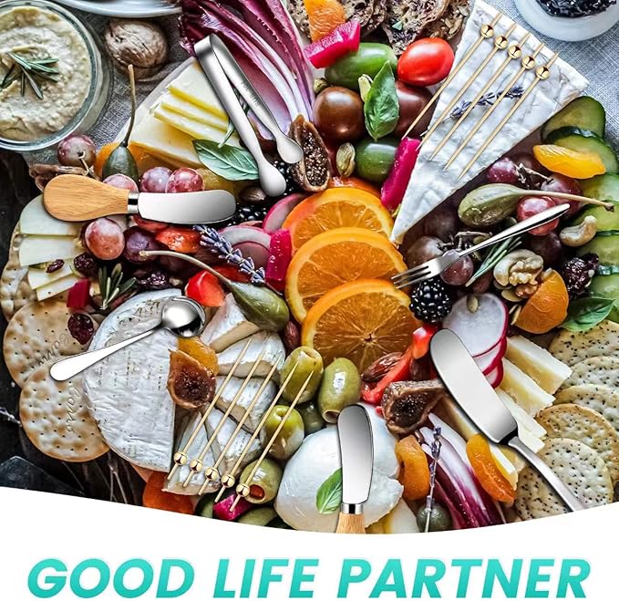 Charcuterie Board Accessories With 3 Oz Ceramic Dip Bowls, Wooden Handle Silver Cheese Spreader Butter Knive Set Kit, Mini Tongs, Spoons, Forks,Honey Dipper, Cocktail Picks