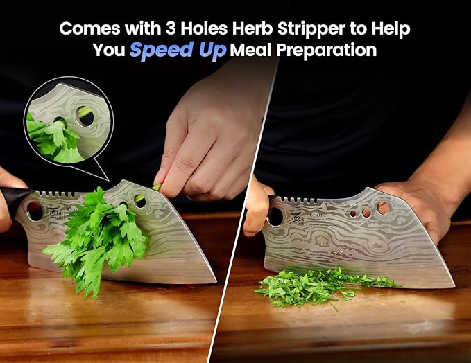 Meat Cleaver Chef Knife with Sheath, 7.7 Inch Butcher Knife with Herb Stripper, Chopping Knife Heavy Duty Bone Cutting, Damascus Pattern Full Tang Wood Handle, Birthday Gift for Men
