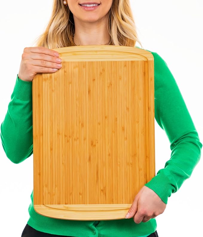 Organic Extra Large Bamboo Cutting Board with Lifetime Replacements –18 x 12 Inch Reversible Wooden Kitchen Chopping Board with Juice Groove – Used to Chop, Slice, Carve & Serve – by Greener Chef