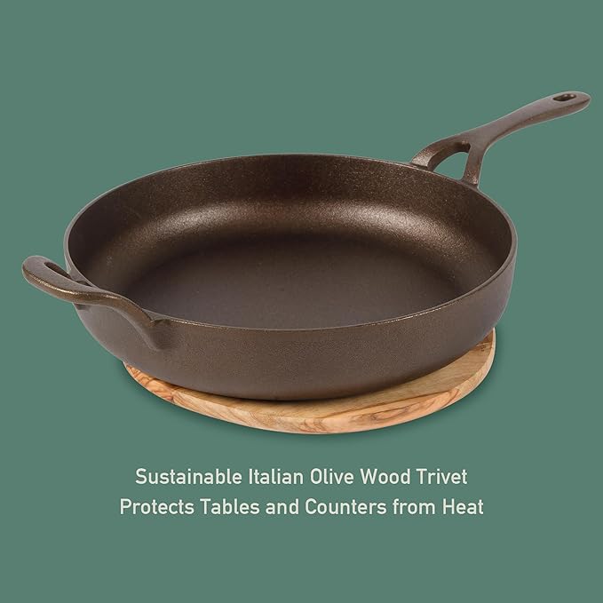 Bloomhouse Natural Bronze Finish 12-Inch Cast Iron Skillet with Long Handle, Helper Handle & Olive Wood Trivet – Olive Oil Treated Fry Pan, Oven & Stovetop Safe