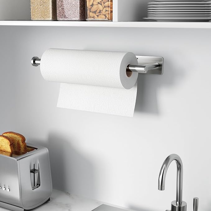 Paper Towel Holder - Self-Adhesive or Drilling, Brushed Nickel Wall Mounted Rack - SUS304 Stainless Steel Kitchen Roll Holder Under Cabinet (2 Pack)