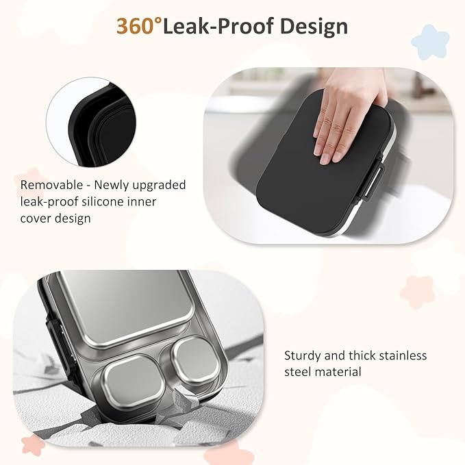 Stainless Steel Bento Box Kids, Leak Proof Metal Bento Lunch Box,3 Compartments 304 Stainless Steel Bento Lunch Containers for School and Office, BPA-Free(Black)