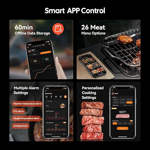 Wireless Meat Thermometer Digital with Clear White LED Display,1000ft Bluetooth 5.4 Meat Thermometer, 4 inches Short Smart Food Thermometer Probe for BBQ, Grill, Rotisserie