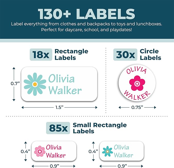 Personalized Daycare Name Labels for Kids (130 Labels) - Custom Waterproof Name Stickers for Clothing Tags, Water Bottles, Lunch Boxes and School Supplies (Flowers)