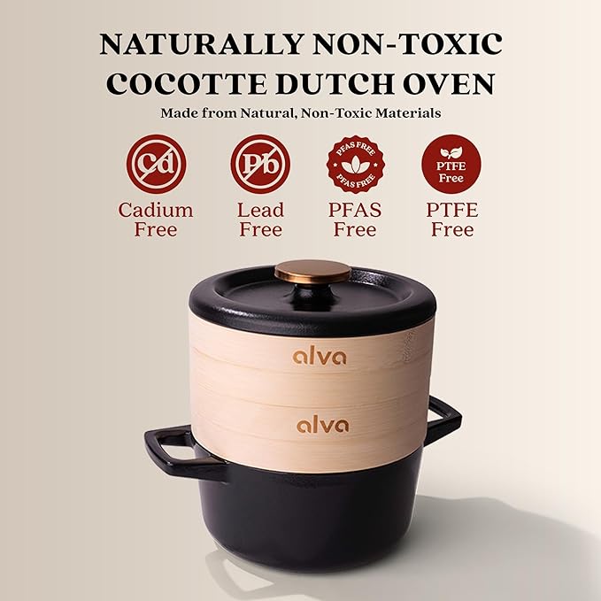 Alva Nori 2.6-Qt Enameled Cast Iron Dutch Oven Steamer Set – Made With No PTFE/PFOA/PFAS, Oven & Induction Safe – 3-Layer Enamel, No Seasoning Needed – Durable, Easy-Clean Cocotte with 2 Steamer Inserts