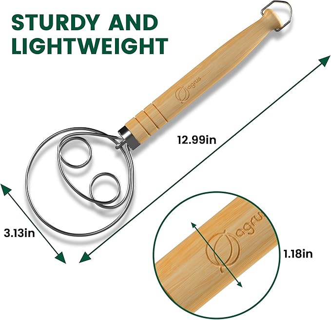 Danish Dough Whisk for Making Bread and Baking, Long Wooden Handle