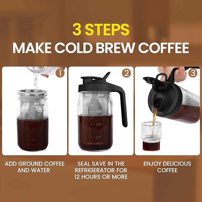 Cold Brew Coffee Maker,32 Oz Mason Jar Pitcher with Stainless Steel Filter, Pour Spout Handle Lid, Heavy Duty Glass Airtight & Leak-Proof Pitcher for iced coffee Tea Breastmilk Lemonade-Black