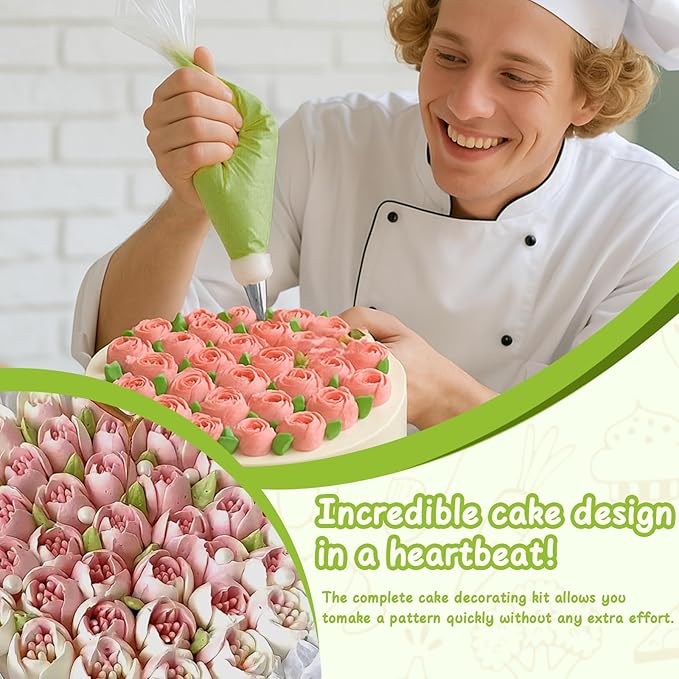 Suuker 27 Pieces Russian Piping Tips Set, Cake Decorating Tips Baking Supplies for Cupcake Cookies Birthday Party (12 Icing Tips 10 Pastry Baking Bags 2 Leaf Piping Tips 2 Couplers 1 Silicone Bag)