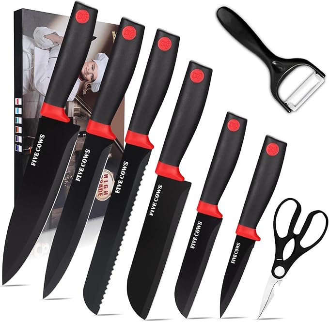8-Piece Chef Knife Set - Ultra Sharp Premium German High Carbon Stainless Steel, Razor-Sharp & Durable, Lightweight Anti-Slip Handle, Professional Kitchen Knives with Gift Box (Red 8 Piece)