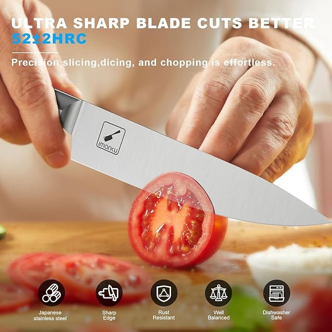 imarku Knife Set G14 - Stainless Steel Kitchen Knives with Block, Built-in Sharpener, Dishwasher Safe, Rust Resistant, Non-Slip Ergonomic Handle - 14pcs Ultimate Gift for Home Cooks & Chefs, White