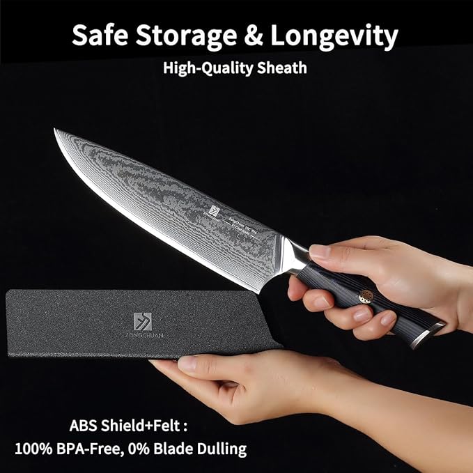 Chef Knife,8inch Damascus knife,67-Layer High Carbon Stainless Steel Kitchen Knife,Professiona Sharp Cutting Knives with Ergonomic G10 Blue Black Handle,Gift Box for Home and Kitchen Birthday Gift