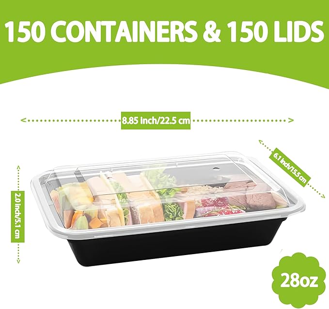 POPMISOLER 150 Pack Stackable Meal Prep Bowl Containers, 28oz Thick Food Storage Containers with Lids, Reusable Plastic,Disposable Bento Box,Stackable,Microwave/Freezer/Dishwasher Safe