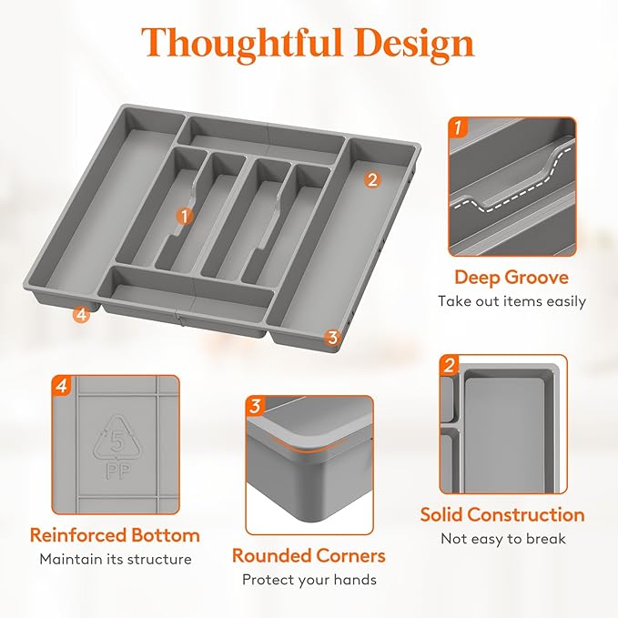 Lifewit Silverware Organizer, Plastic Kitchen Utensil Drawer Tray, Cutlery Flatware Storage Holder for Spoons Forks Knives, 20 x 16 Inches, 8 Compartment, Gray