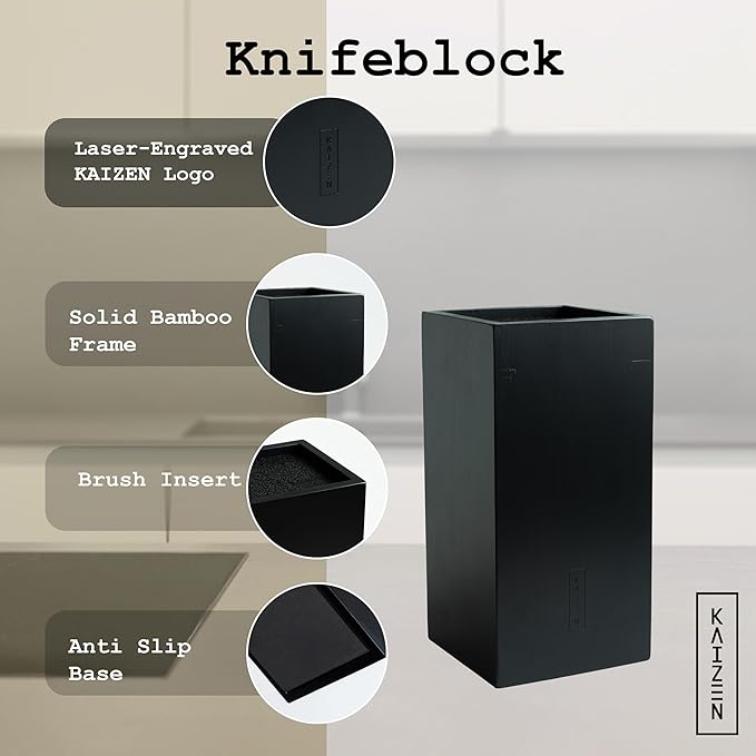 KAIZEN Bamboo Knife Block Without Knives - Perfectly Sized Universal Knife Holder for Knives, Scissors - Unique Knife Storage for Counter Top with Anti-Slip Base (Black - Bamboo)