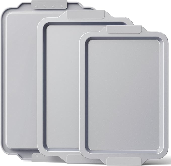 BRONYPRO Non Stick Ceramic Baking Sheet Pan Set of 3, Natural Non Toxic Cookie Sheets for Baking - PFOA, PTFE Free, Aluminized Steel Oven Trays for Cooking with Silicone Handles, Light Gray