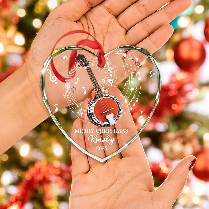 Customized Banjo Musical Glass Ornament Xmas Tree, Personalized Text Year Name Musical Instrument Ornaments Gift for Banjo Lover Brother Sister Dad Mom Parents,Unique Banjos Instrument Glass Ornament