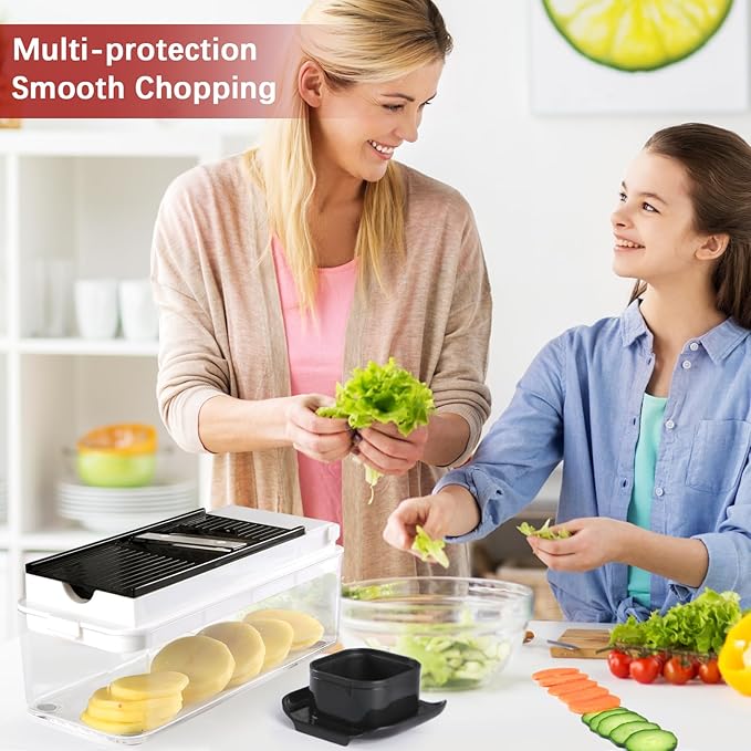 Vegetable Chopper, Onion Chopper Dicer, Mandoline Slicer, Food Chopper with Container, Vegetable Cutter for Salad Potato Carrot Garlic（9 Blades, White Black）