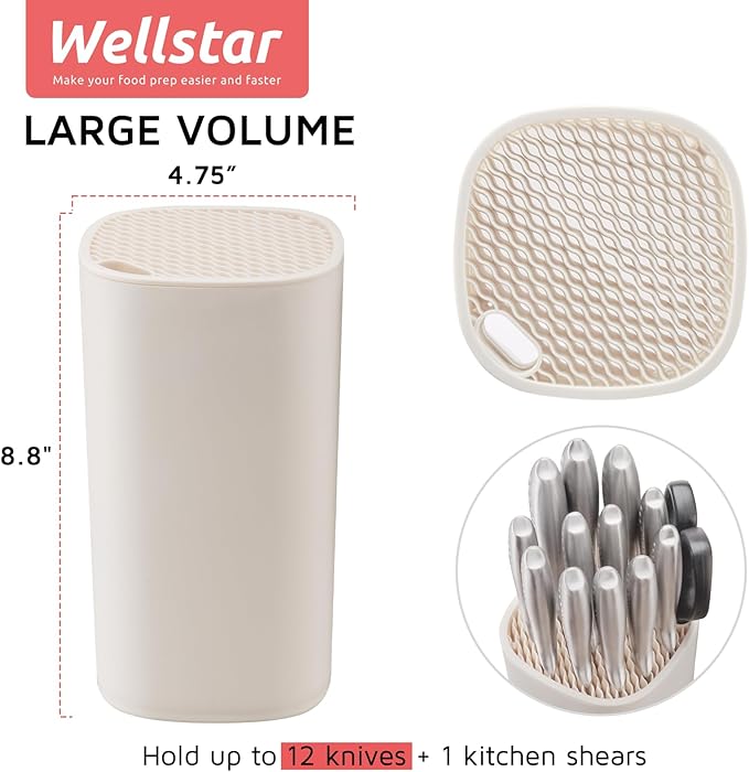 Universal Knife Block Holder for Kitchen, WELLSTAR Knife Stand without Knives, Safe Space Saver Large Volume Stable Knife Storage with Scissors Slot, Detachable for Easy Cleaning – Off-White