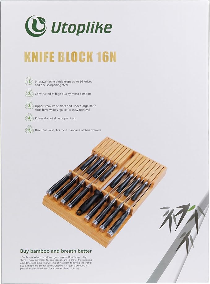 Utoplike In-drawer Knife Block Bamboo Kitchen Knife Drawer Organizer Large, Handle Steak knife Holder without Knives, Fit for 16 Knives and 1 Sharpening Steel (Knives & Sharpening Not Included)