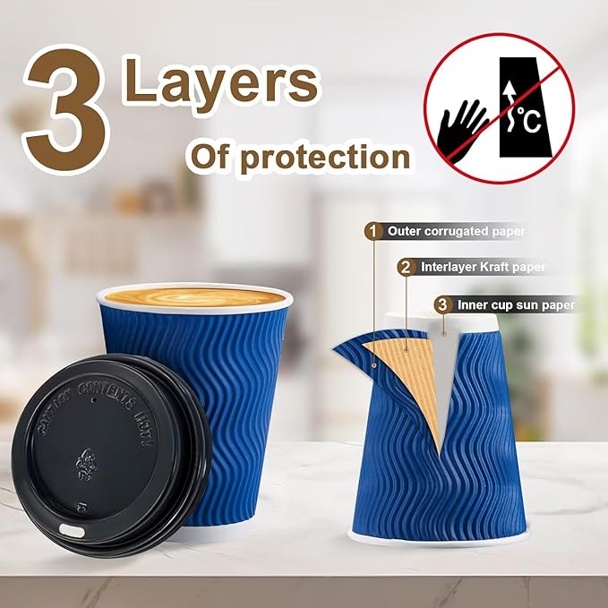500 Pack Coffee Cups with Lids 16oz, Disposable Insulated Ripple Wall To Go Paper Coffee Cups for Hot/Cold Drinks Office Home Shop Event (Navy)