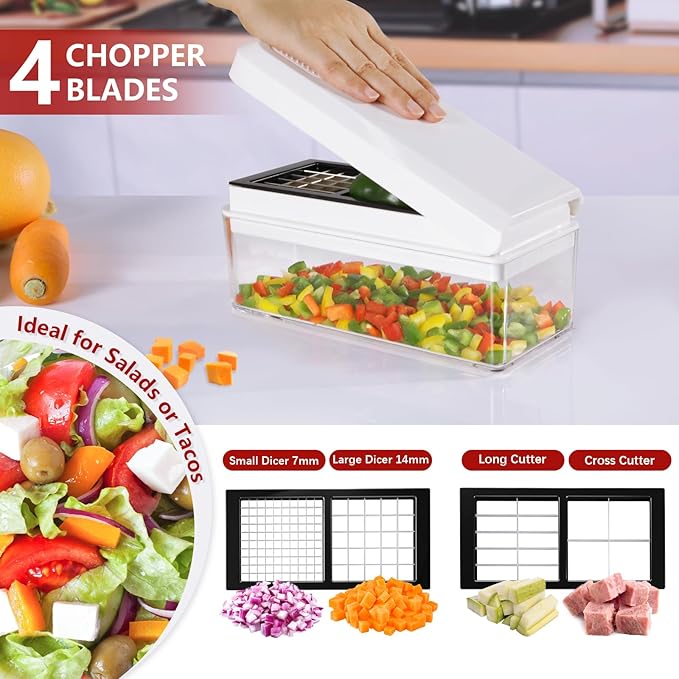 Vegetable Chopper, Onion Chopper Dicer, Mandoline Slicer, Food Chopper with Container, Vegetable Cutter for Salad Potato Carrot Garlic（9 Blades, White Black）