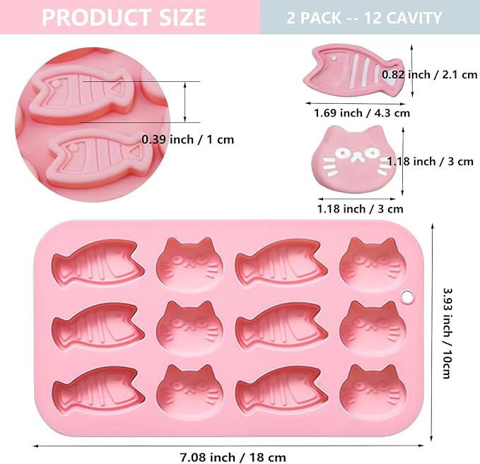2PCS Chocolate Silicone Molds, 12 Cavity Cartoon Cat Mold Cat Treat Molds, Mini Fish Shape Silicone Mold Animals Candy Mold for Sugar, Candy, Chocolate