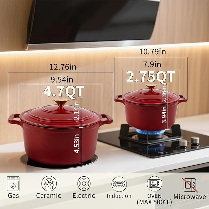 Enamel Cast Iron Dutch Oven with Lid, Round Casserole Pot for Bread Baking, Braising, Roasting, and Stews, Heavy-Duty, Oven Safe, Induction Compatible (4.7QT,Red)