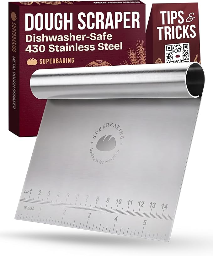 Superbaking Dough Scraper - 6" Stainless Steel Bench Scraper - Dough Cutter with Ruler - Pastry & Cake Scraper - Kitchen Tools Sourdough Baking Supplies - Bread Making Tools & Accessories for Bakers