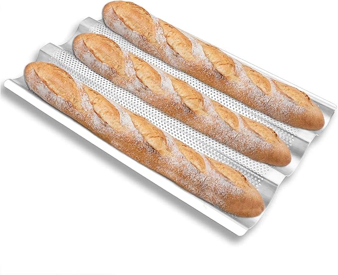 Stainless Steel Perforated French Baguette Bread Pan 3 Waves Toaster Oven Baking Tray (15"x10") with Large Bread Proofing Cloth (17.7" x 30.3")