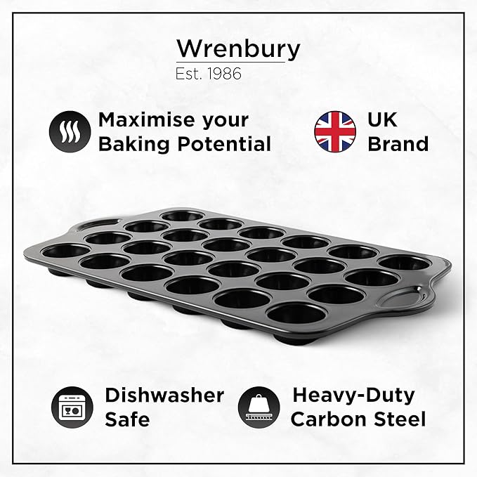 Wrenbury Mini Muffin Pan Non Toxic - Non Stick 24 Cup Small Cupcake Tray for Baking Joyful Bites - Dishwasher Friendly - Health Concious Baking - 1.8" Cup