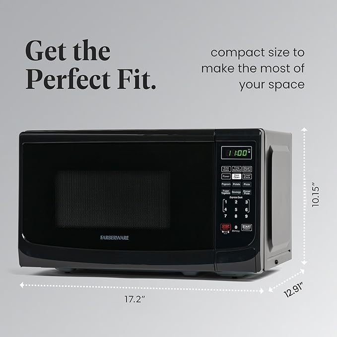 Farberware Countertop Microwave Oven 700 Watts Power Auto Cook Settings, Defrost, Easy Clean and Child Safety Lock, 0.7 Cu. Ft, Black