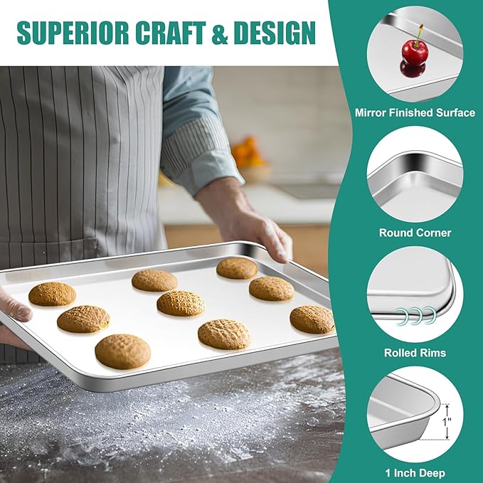 TeamFar Baking Sheet Set of 3, 16/12.5/9.3 Inch Stainless Steel Cookie Sheets Baking Pans, Metal Oven Baking Tray for Cooking Roasting Serving, Non-Toxic & Mirror Finish & Dishwasher Safe