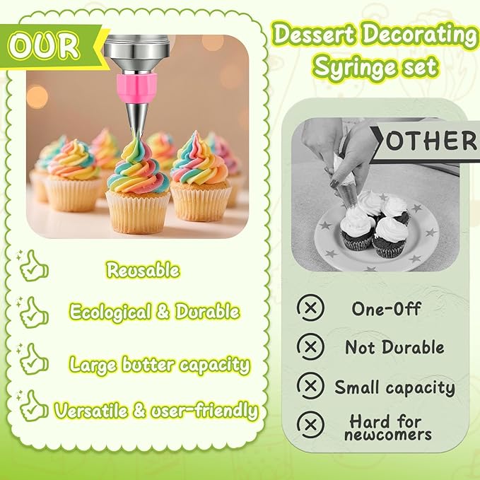 NOVANO Dessert Decorating Syringe Set, Frosting Piping Kit Stainless Steels Cake Decorating Kit with 54 Piping Tips & 9 silicone cupcakes, Cupcake Decorating Kit Piping Bags and Tips Set