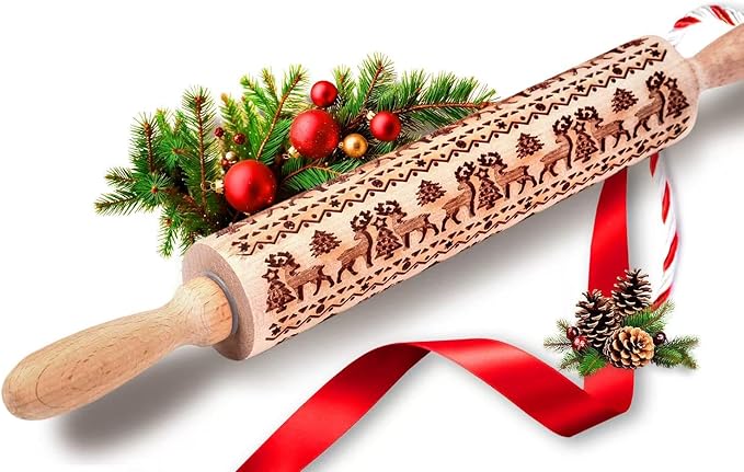 Christmas Gifts Wooden Embossed Rolling Pin for Baking, Deep Engraved Embossing Rolling Pins Cookie Stamps Roller with Christmas Elk Deer Pattern Designs for Baking Cookies Stamps Roller, DIY Tools